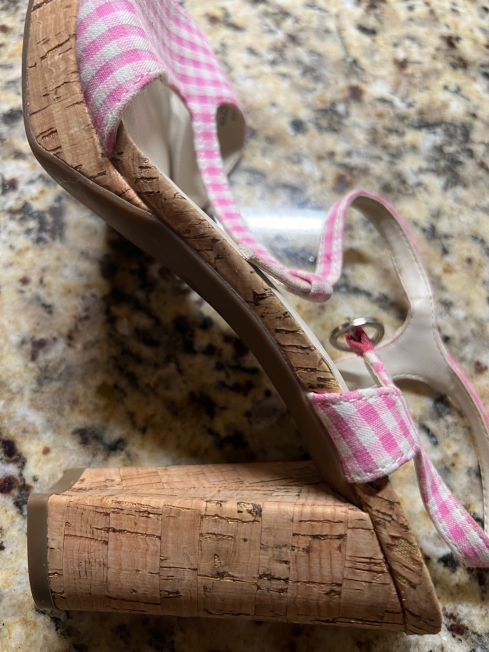 Anne Klein Pink Gingham Heels with Cork Wedge - Picture 5 of 7